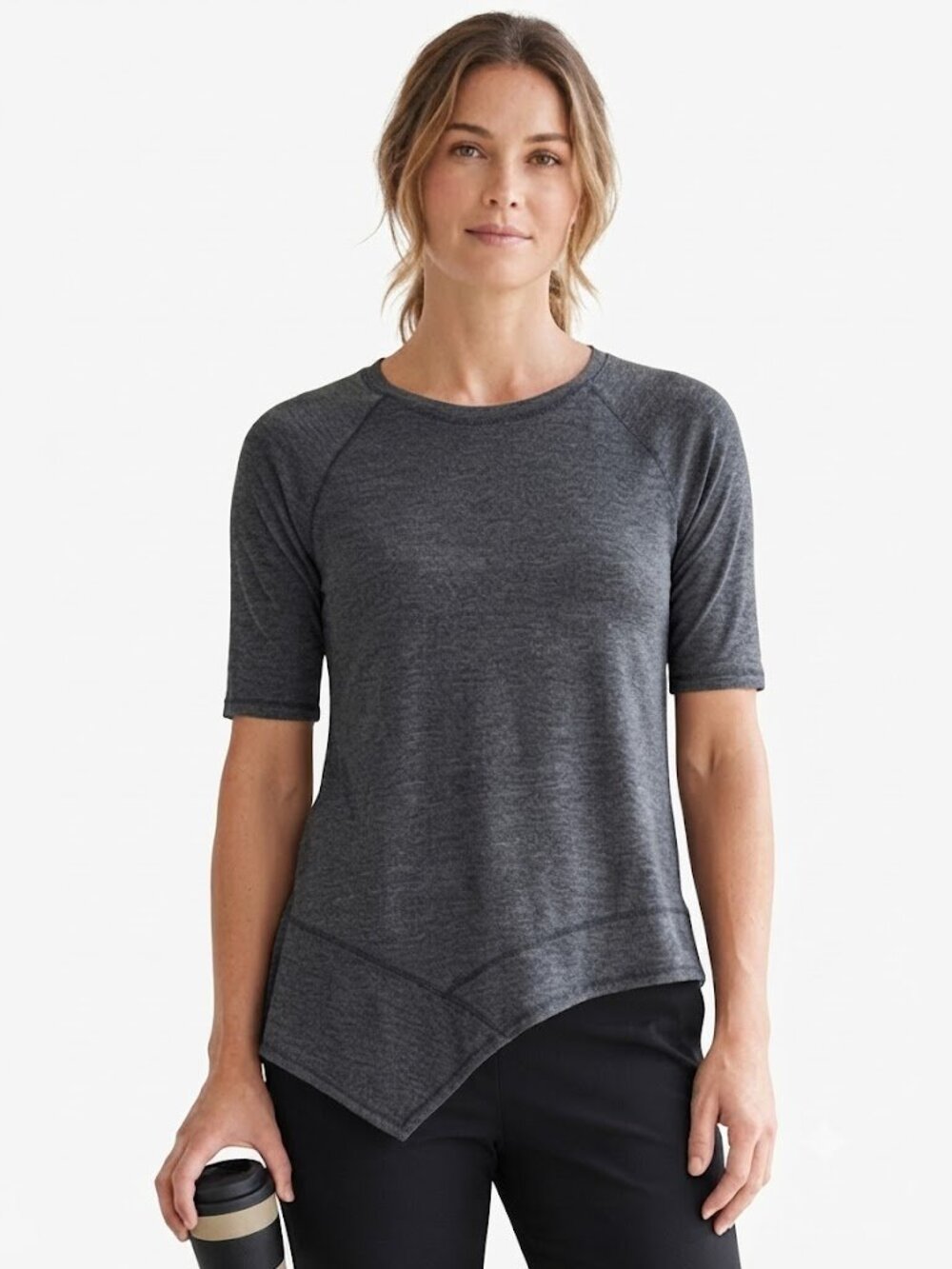 Calvin Klein Heather Charcoal Black Asymmetrical Hem Top Raglan Short Sleeve S